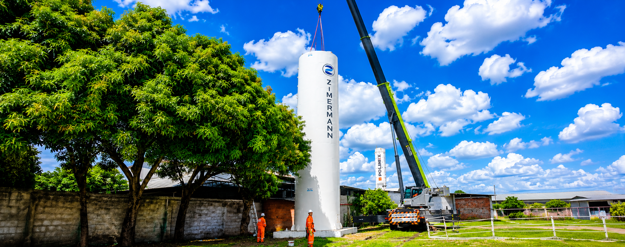 Reservatório tubular sendo instalado com guindaste em área industrial
