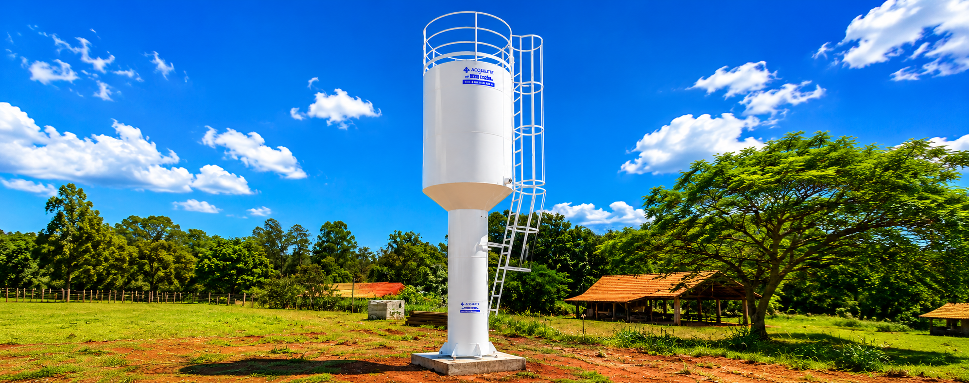 Caixa d'água tubular alta com escada amarela e guindaste para instalação