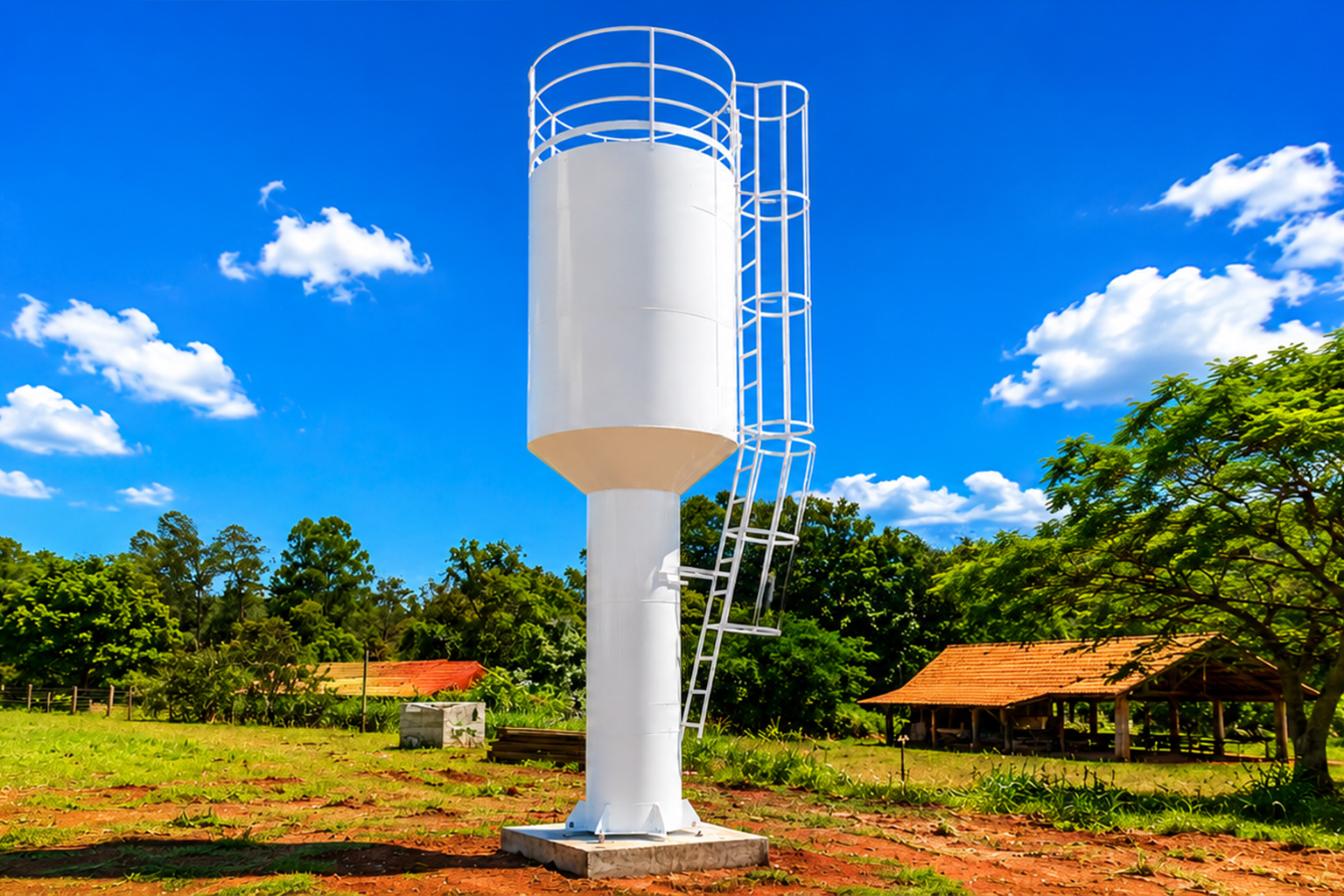Caixa d'água tipo taça branca instalada em área rural com céu azul