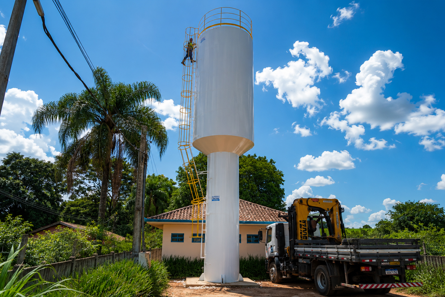 Caixa d'água tipo taça em instalação com caminhão e escada externa