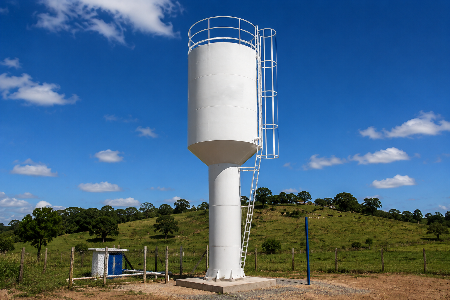 Caixa d'água tipo taça branca em área de campo com céu azul